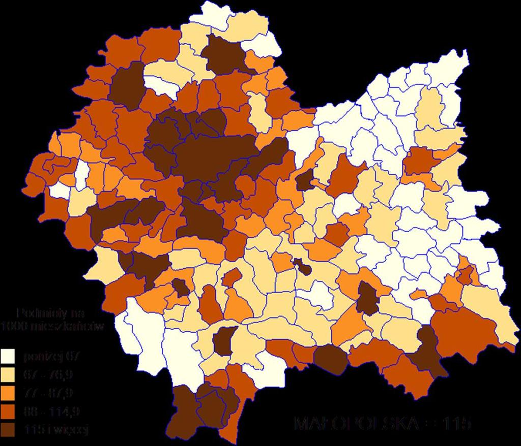 Przedsiębiorczość i innowacyjność Liczba podmiotów REGON na 1000 mieszkańców w 2018 r. 2018 r.: 115 podmiotów wpisanych do rejestru REGON na 1 tys.