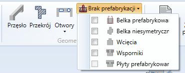Wyboru prefabrykowanego przęsła dokonuje się za pomocą rozwijanej listy dostępnej na wstążce (panel Geometria przęsła): Zaznaczenie