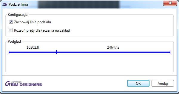 Opcja "Podział prętów" daje możliwość automatycznego podziału (dostępna w widokach 2D i 3D) lub tylko generowania linii