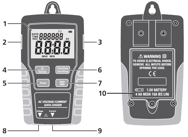 BUDOWA Panel przedni i tylny: 1. Wyświetlacz LCD. 2. Gniazdo do podłączenia zewnętrznego zasilacza. 3. Gniazdo do podłączenia przewodu USB. 4. Przycisk zasilania. 5. Przycisk FUNC. 6.