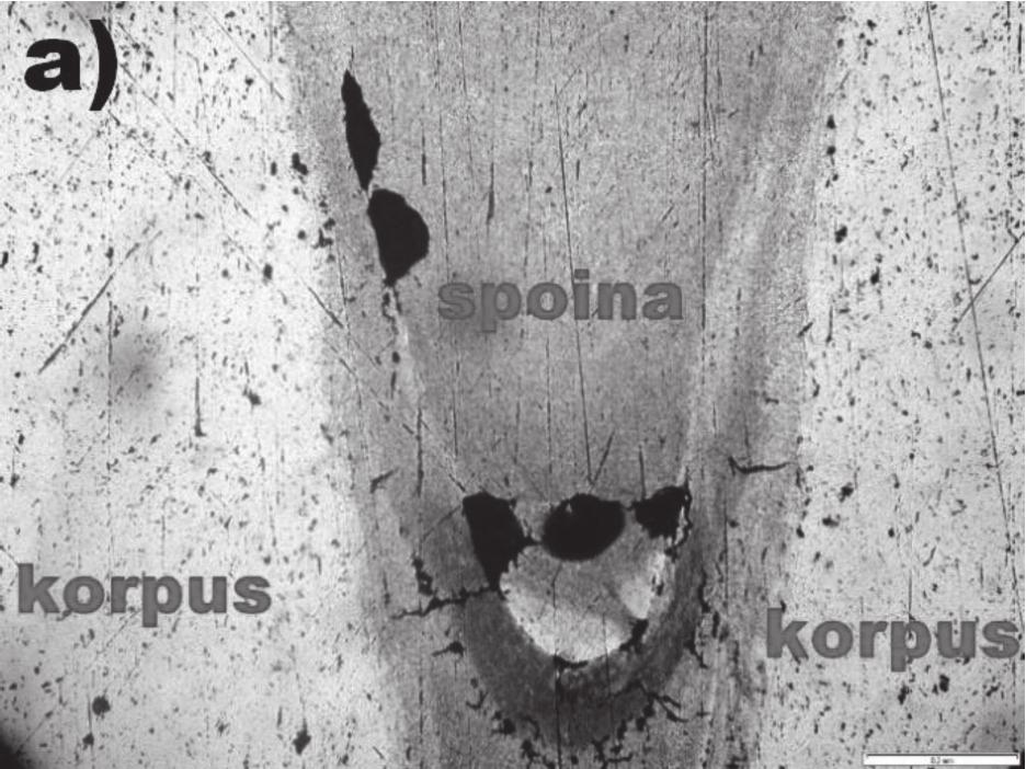 tarcza spoina spoina Rys. 4. Mikrostruktury: spoiny zewnętrznej Z1 w okolicy styku tarczy z em (zamek). Pow. x500; spoiny wewnętrznej W1 w obszarze grani w miejscu zakończenia ściegi. Pow. x100; Fig.