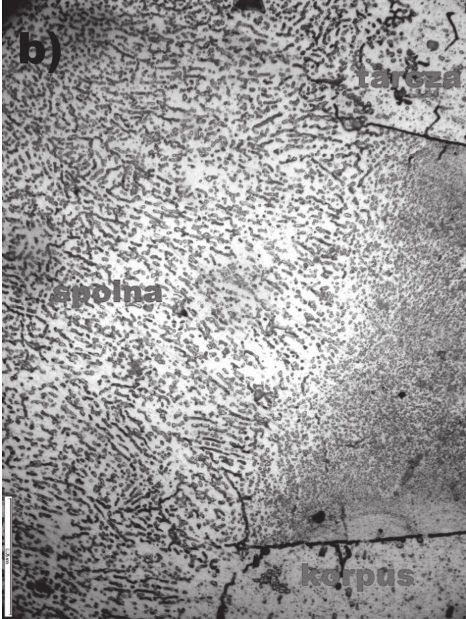 Mikrostruktura na granicy wtopienia w materiał rodzimy u koła. Traw. Mi1. Pow. 500x Fig. 5. Microstucture of weld on the border of fusion in the base material of the wheel body. Magn. x500.