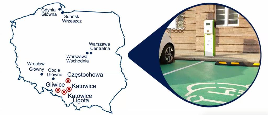 Elektromobilność - Stacje ładowania pojazdów 10 Kierowcy używający samochodów elektrycznych mogą skorzystać ze stacji do ładowania, uruchomionych przy dworcach kolejowych PKP S.A.