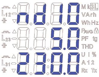 11 symbol wyświetlaniawspółczynnika mocy i tangensa mocy 12 symbol wyświetlania wartości mocy czynnej uśrednionej 13 symbol zabezpieczenia menu 14 jednostki wyświetlanych wartości 15 symbol