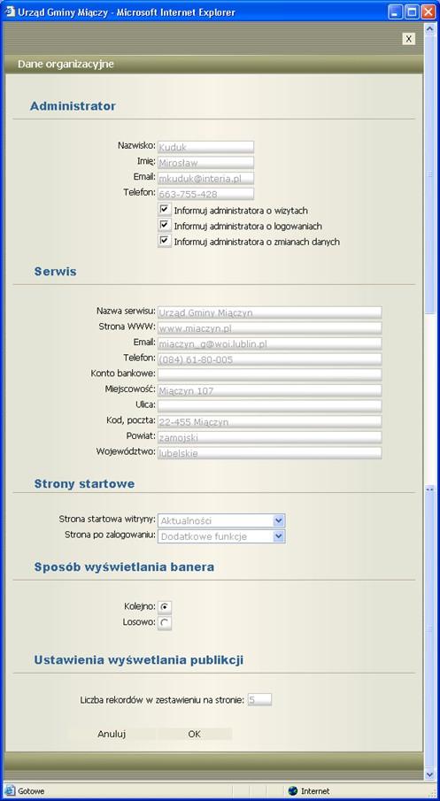 DANE ORGANIZACYJNE - USTAWIENIA Formularz określający Dane organizacyjno - informacyjne serwisu.