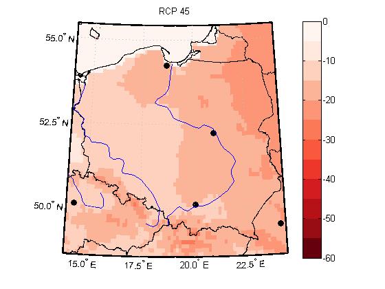 Projekcje klimatyczne Tmax Tendencje zmian są zróżnicowane regionalnie Większe spadki liczby dni Tmax<0 0 C dla Polski Płn.-Wsch.