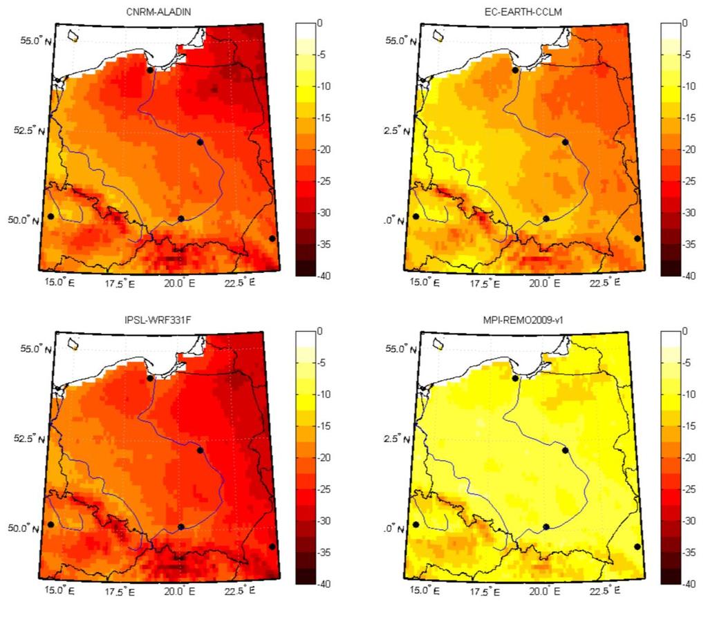 Porównanie wyników pomiędzy modelami Zmiany liczby dni z Tmax<0 0 C pomiędzy okresem 2071-2100 a 1971-2000, dla skorygowanych symulacji klimatycznych dla scenariusza emisji