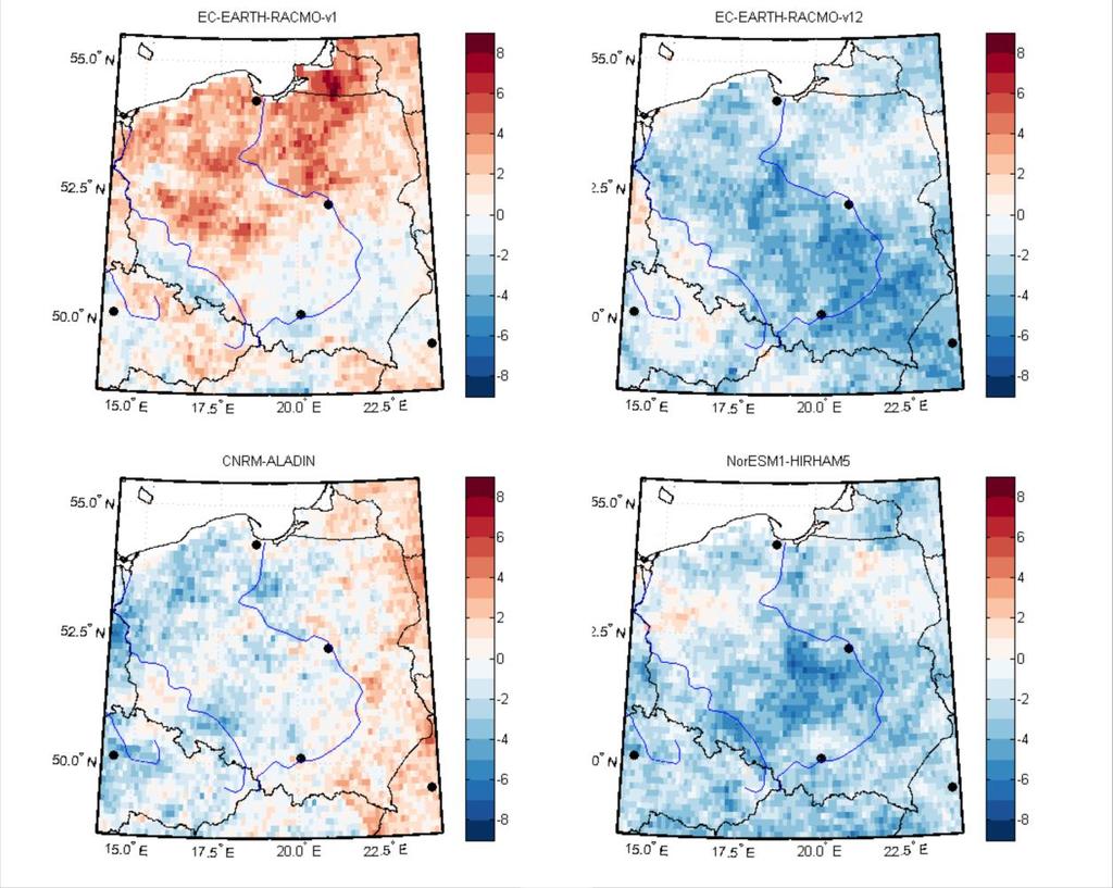 Projekcje opadu Znaczne różnice w oszacowanych zmianach w zależności od modelu Zmiany czasu trwania najdłuższego okresu bez opadu pomiędzy 2071-2100 a 1971-2100, RCP4.