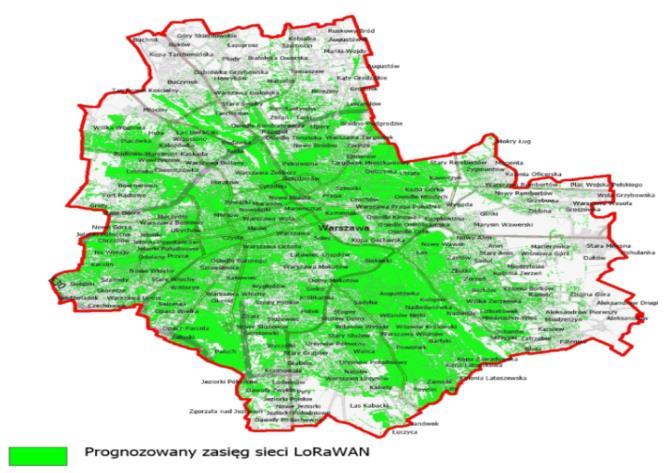 Technologia symulacja zasięgu - Warszawa Potencjalny zasięg z jednej Stacji Bazowej