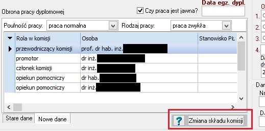 Dane w nowym układzie wyglądają następująco: Wszyscy członkowie komisji wyszczególnieni są w postaci tabelki - listy z narzuconą następującą kolejnością: - Przewodniczący, - Promotorzy, - Recenzenci,