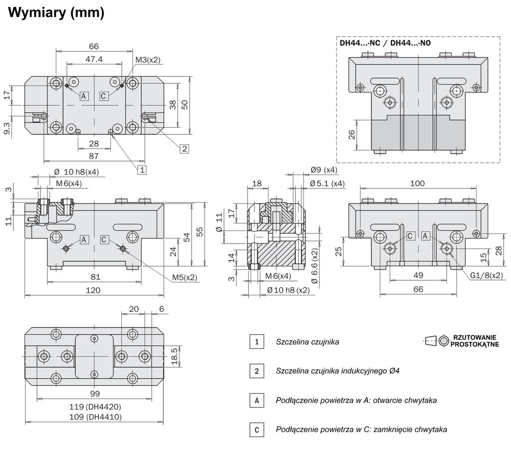 Seria DH4420 DH4420-NC DH4420-NO DH4410 DH4410-NC DH4410-NO 405 236 298 513 575 810 472 595 1027 1150 Siła podczas zamknięcia na jedną 365 472 534 195 257 730 945 1068 390 513 Skok całkowity [mm] ±0.