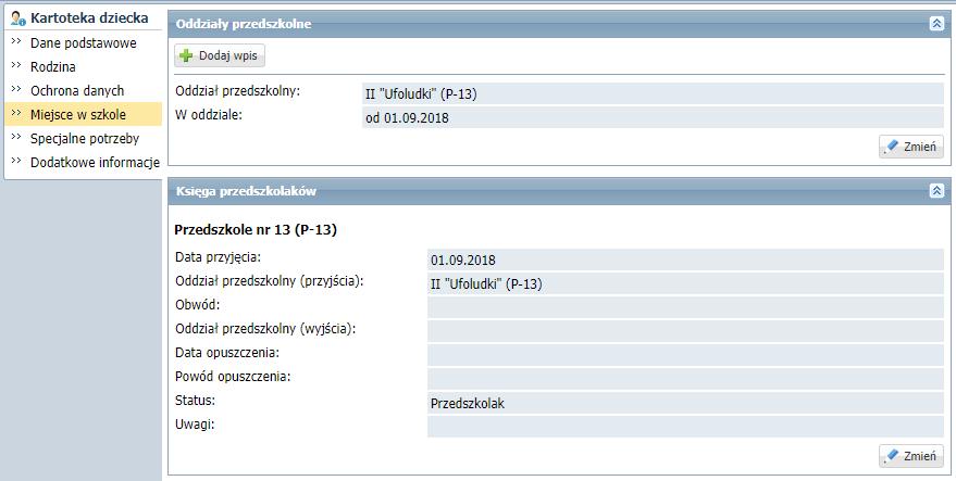 Zarządzanie listą przedszkolaków 45 Karta składa się z dwóch sekcji: Oddziały przedszkolne, Księga przedszkolaków.