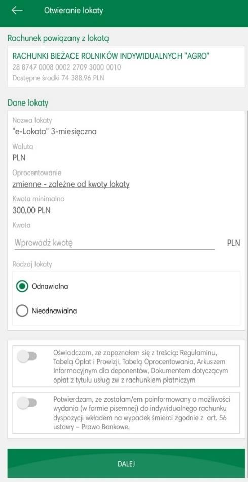 Dodatkowo użytkownik ma możliwość (pod warunkiem posiadanych uprawnień nadanych w banku): - otwarcia nowej lokaty wybierając opcję Otwórz lokatę, w kolejnym kroku wskazujemy rachunek, z którego
