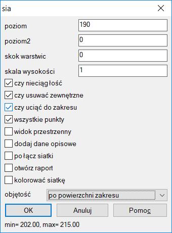 Rys. 8 Okno dialogowe programu SIA W systemie Geolisp objętość można też policzyć metodą przekrojów przy pomocy polecenia PlSia. 6.