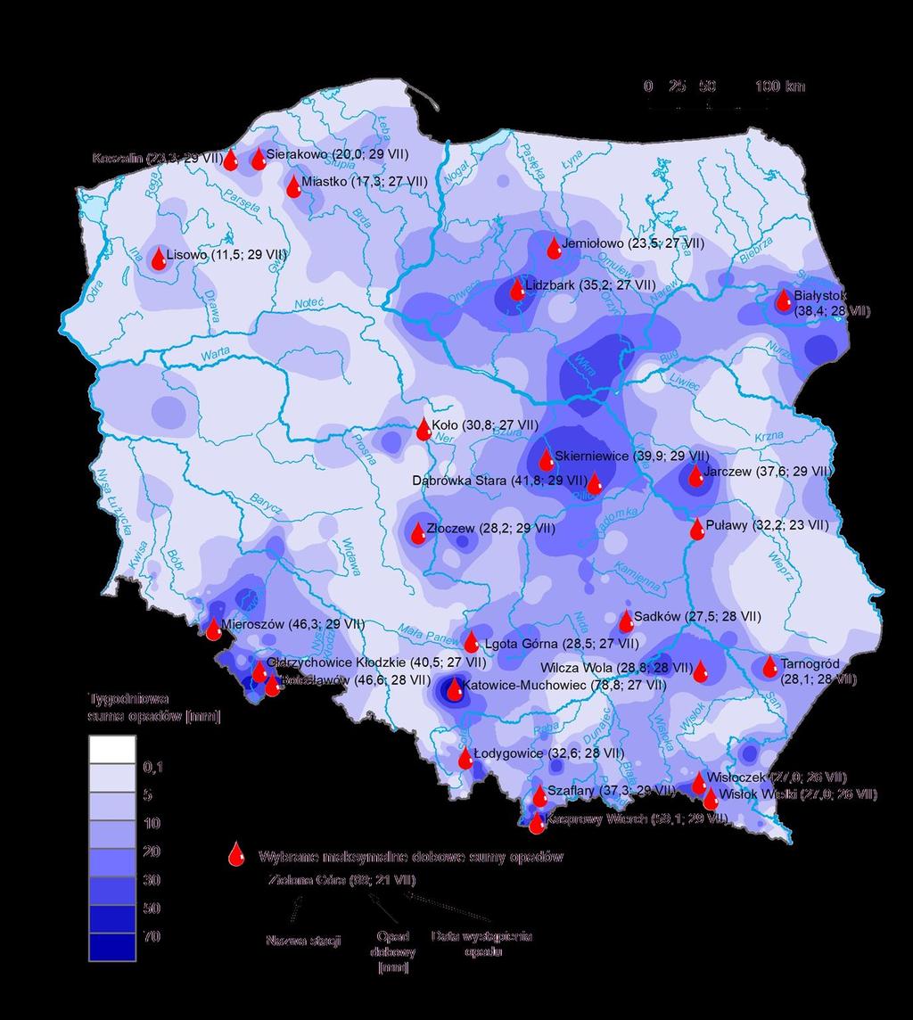 3. Rozkład tygodniowej sumy opadów oraz wybrane maksymalne