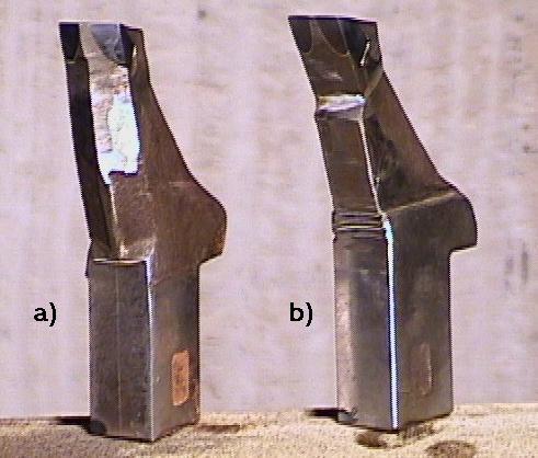 Rys. 4.1. Użyte do badań noże: a) nóż nr 2 nóż o płaskiej powierzchni przyłożenia i o klinowej powierzchni natarcia; b) nóż nr 1 nóż o płaskiej powierzchni przyłożenia i natarcia. c) Rys. 4.2. Użyte do badań noże, cd.