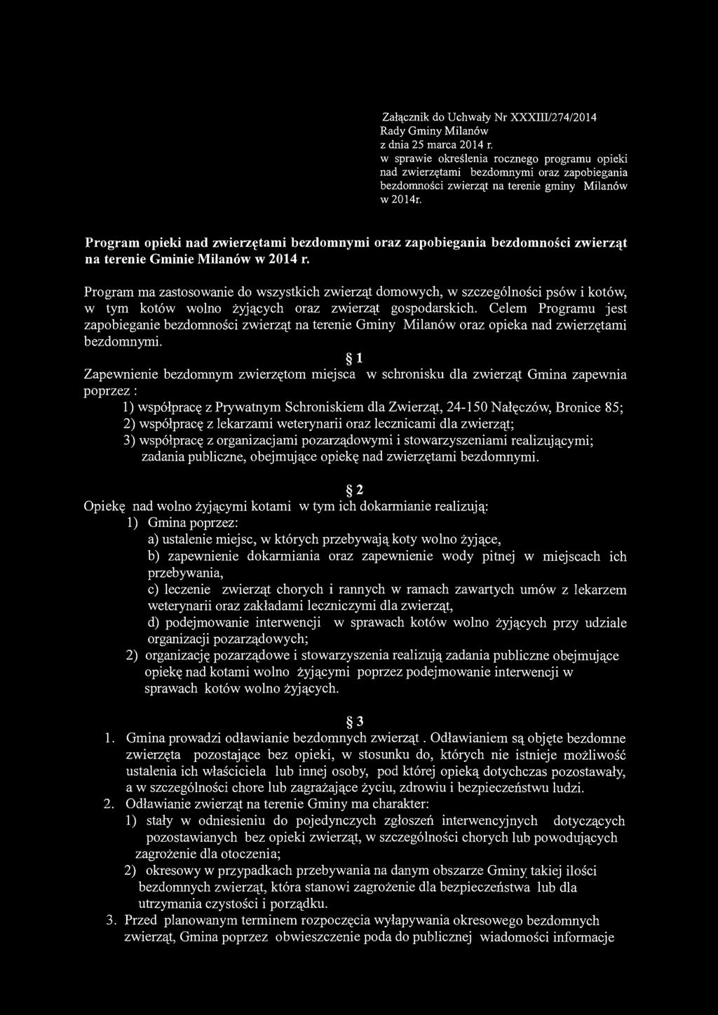 Program opieki nad zwierzętami bezdomnymi oraz zapobiegania bezdomności zwierząt na terenie Gminie Milanów w 2014 r.