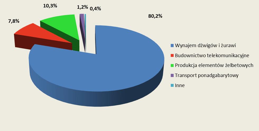 wynajem dźwigów kołowych hydraulicznych i kratowych (od października 2014 r. również poprzez swoją spółkę zależną Viatron S.A.), wynajem żurawi wieżowych (od stycznia 2016 r.