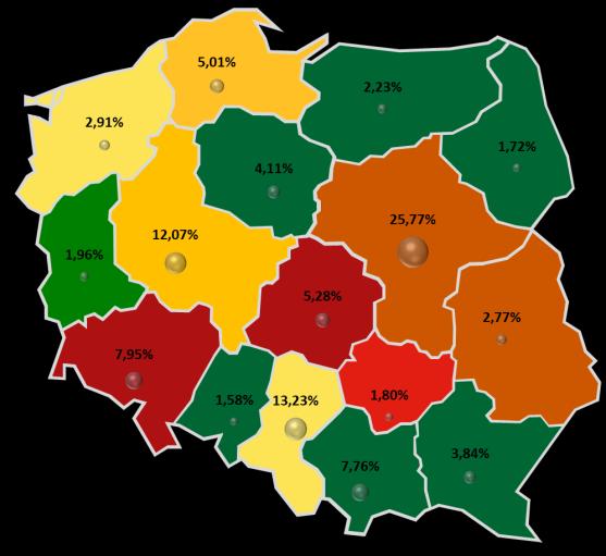 Mapa 2. Zróżnicowanie stopnia zagrożenia upadłością przedsiębiorstw oraz udziału liczby pracujących według województw w Polsce w I p. 2017 r. i I p. 2018 r. dla przedsiębiorstw ogółem I p. 2017 I p.