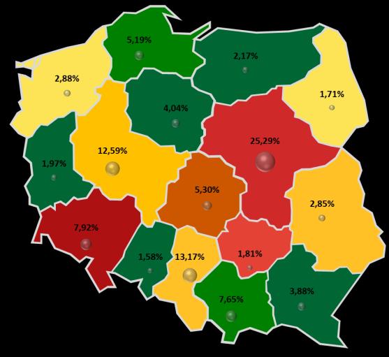 Stopień zagrożenia w województwach uporządkowano za pomocą kolorów, gdzie poziom niski odpowiada odcieniom koloru zielonego od jasnego do ciemnego (0-160), poziom ostrzegawczy odcieniom koloru