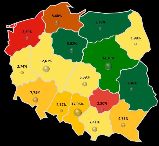 Mapa 3. Zróżnicowanie stopnia zagrożenia upadłością przedsiębiorstw oraz udziału liczby pracujących według województw w I p. 2017 r. i II p. 2018 r. dla przedsiębiorstw produkcyjnych I p. 2017 I p.