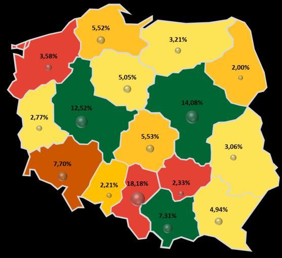 Stopień zagrożenia w województwach uporządkowano za pomocą kolorów, gdzie poziom niski odpowiada odcieniom koloru zielonego od jasnego do ciemnego (0-160), poziom ostrzegawczy odcieniom koloru