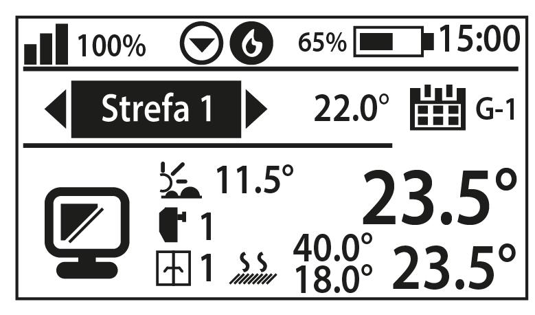 1. Aktualny dzień tygodnia 2. Temperatura zewnętrzna 3. Uruchomiona pompa 4. Załączony styk beznapięciowy (w przypadku grzania ikona płomienia, w przypadku chłodzenia ikona wiatraka) 5.