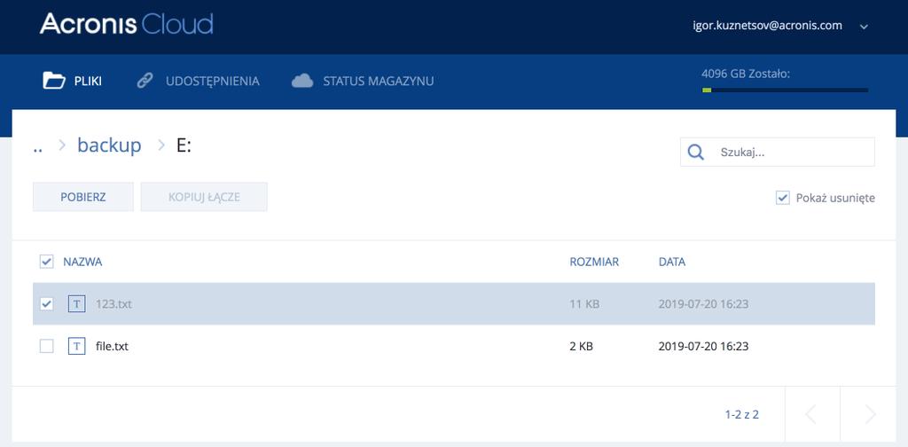 Spełniony musi zostać tylko jeden warunek usunięty lokalnie plik nie został usunięty z magazynu Cloud podczas operacji czyszczenia. Aby odzyskać usunięty plik: 1.