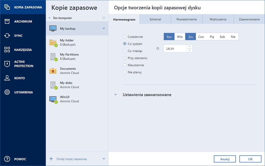 Na karcie Harmonogram można określić ustawienia harmonogramu tworzenia kopii zapasowych i sprawdzania poprawności.