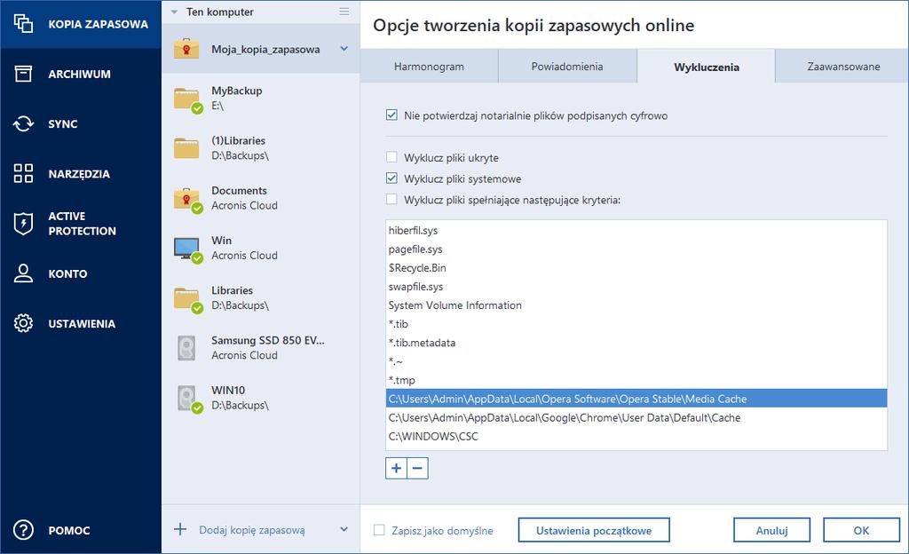 Jak korzystać z domyślnych ustawień wykluczania Po zainstalowaniu programu dla wszystkich ustawień wykluczania są skonfigurowane wartości początkowe.