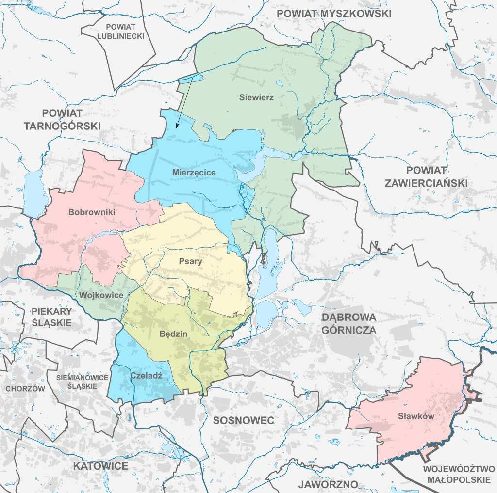 Rysunek 1. Gminy powiatu będzińskiego. Głównym bogactwem naturalnym powiatu, podobnie jak całego regionu, był węgiel kamienny.