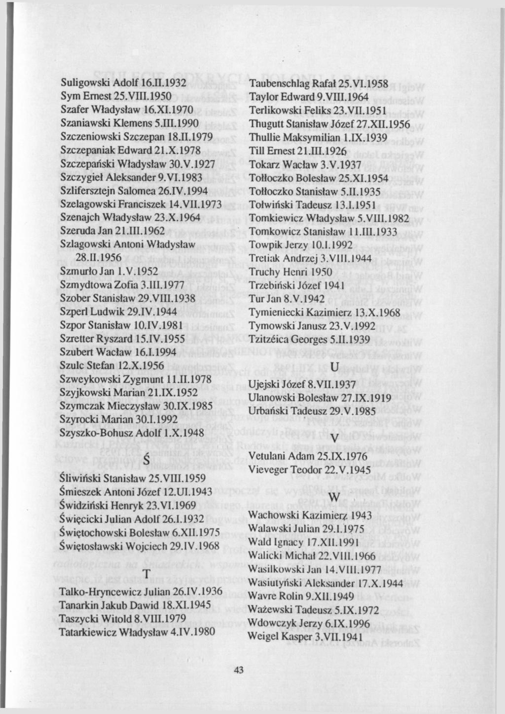 Suligowski Adolf 16.11.1932 Sym Ernest 25. VIII. 1950 Szafer Władysław 16.XI.1970 Szaniawski Klemens 5.III.1990 Szczeniowski Szczepan 18.11.1979 Szczepaniak Edward 21.X.1978 Szczepański Władysław 30.