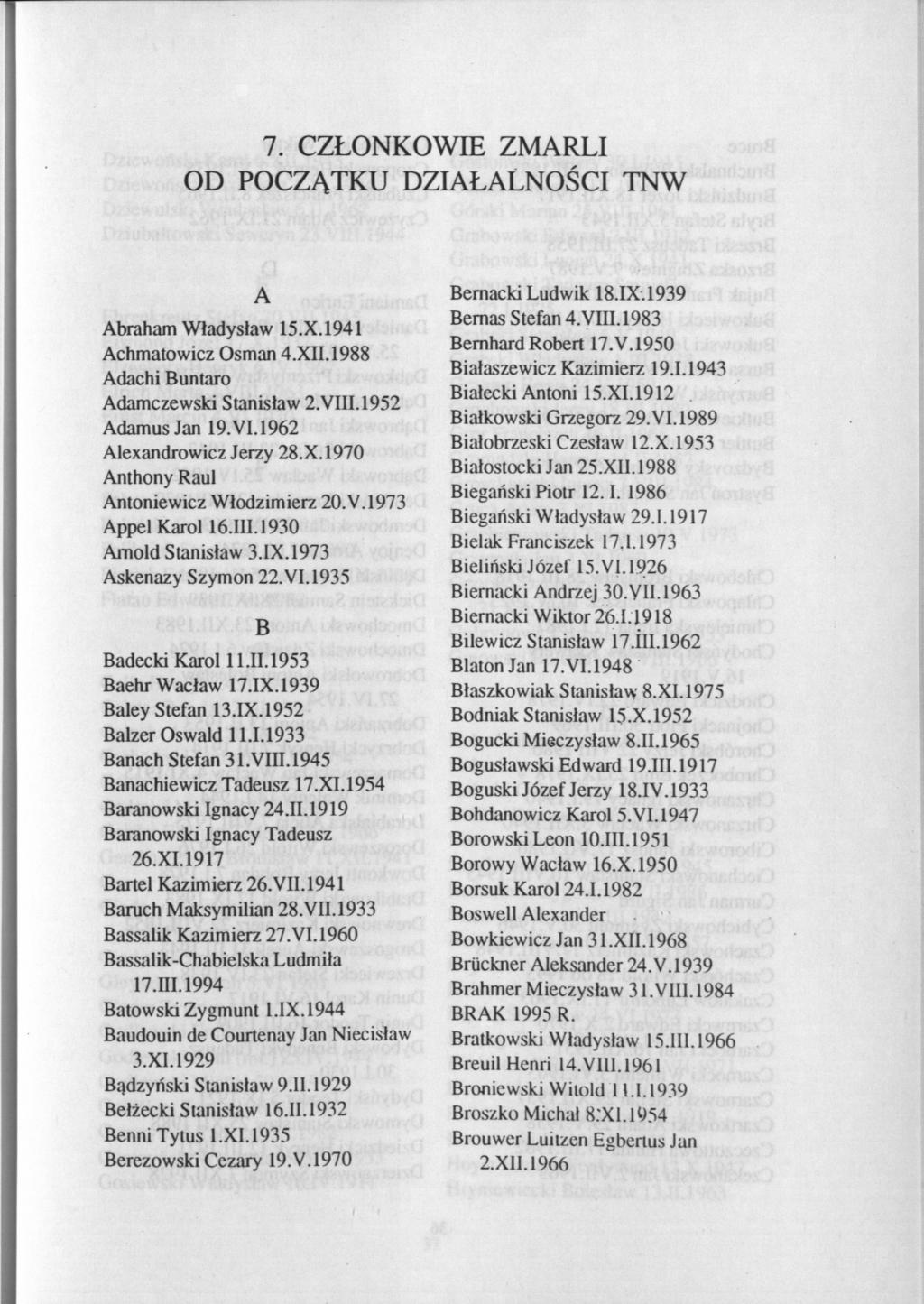 7. CZŁONKOWIE ZMARLI OD POCZĄTKU DZIAŁALNOŚCI TNW A Abraham Władysław 15.X.1941 Achmatowicz Osman 4.XII.1988 Adachi Buntaro Adamczewski Stanisław 2.VIII.1952 Adamus Jan 19. VI.