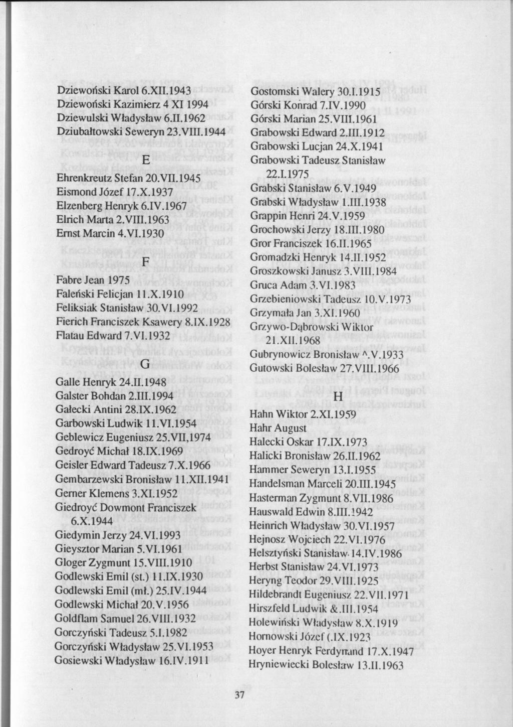 Dziewoński Karol 6.XII.1943 Dziewoński Kazimierz 4 XI 1994 Dziewulski Władysław 6.II.1962 Dziubałtowski Seweryn 23.VIII.1944 Ehrenkreutz Stefan 20.VII. 1945 Eismond Józef 17.X.1937 Elzenberg Henryk 6.