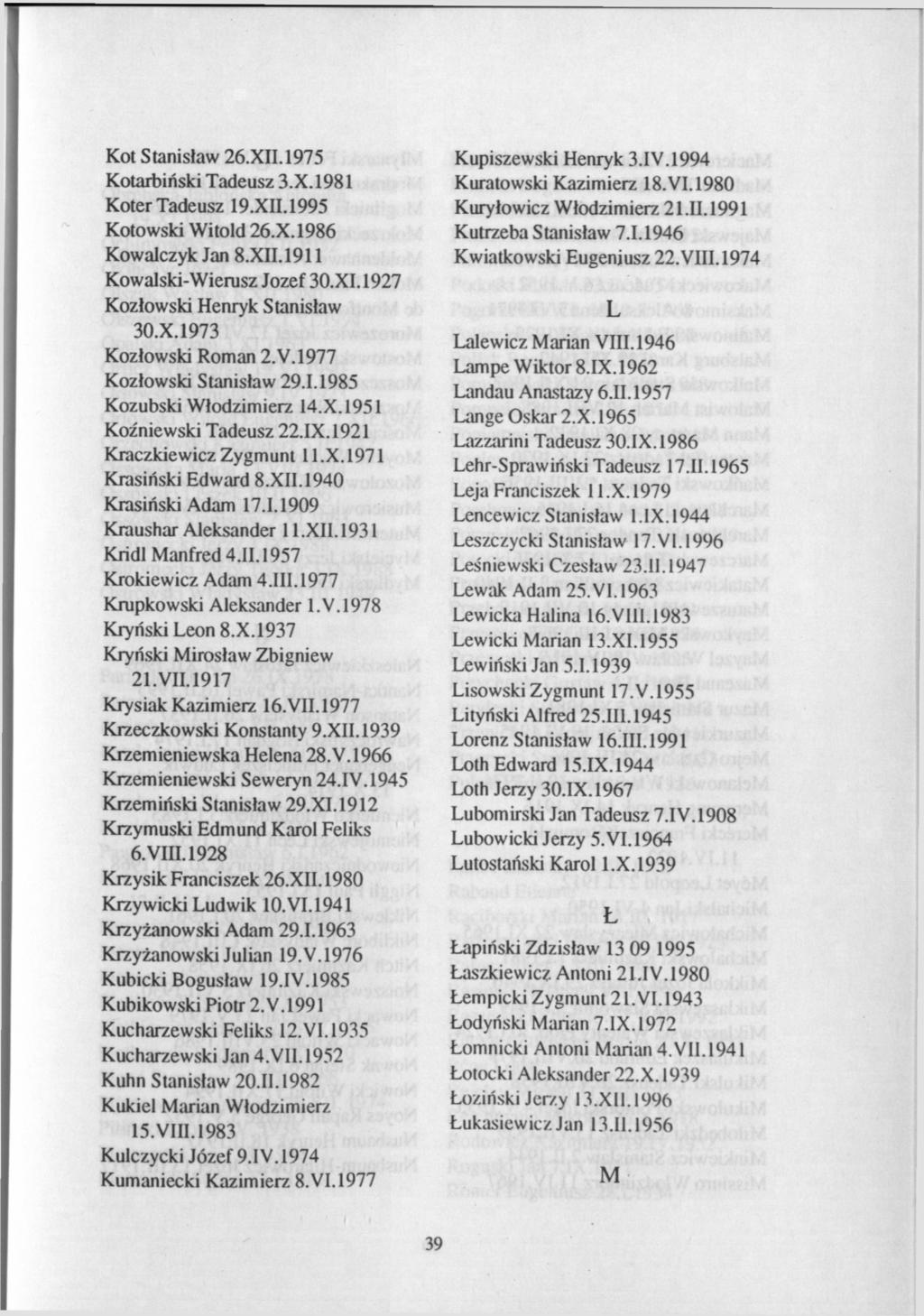 Kot Stanisław 26.XII.1975 Kotarbiński Tadeusz 3.X.1981 Koter Tadeusz 19.XII.1995 Kotowski Witold 26.X.1986 Kowalczyk Jan 8.XII.1911 Kowalski-Wierusz Jozef 30.XI.1927 Kozłowski Henryk Stanisław 30.X.1973 Kozłowski Roman 2.