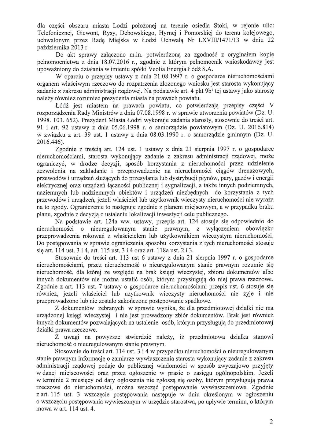 dla czysci obszaru miasta Lodzi polozonej na terenie osiedla Stoki, w rejonie ulic: Telefonicznej, Giewont, Rysy, Debowskiego, Hyrnej i Pomorskiej do terenu kolejowego, uchwalonym przez Rady Miejska