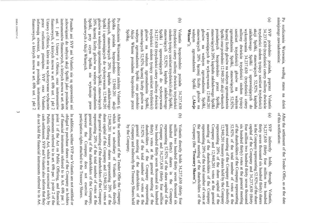 Po rozliczeniu Wezwania, według stanu na dzień niniejszego zawiadomienia: After the settlement of the Tender Offer, as at the datę ofthis notification: (a) SVP pośrednio posiada, poprzez Yolantis 34.