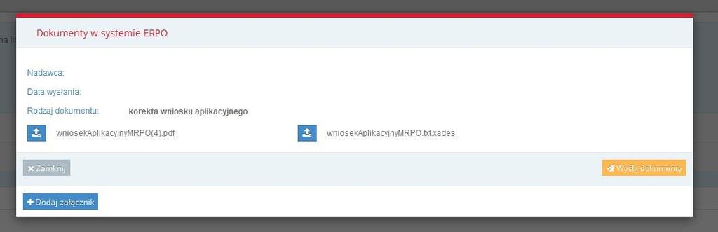 Pola Nadawca, data wysłania oraz rodzaj dokumentu są uzupełniane automatycznie przez system. Po dodaniu wszystkich załączników należy kliknąć przycisk znajdujący się po prawej stronie ekranu.
