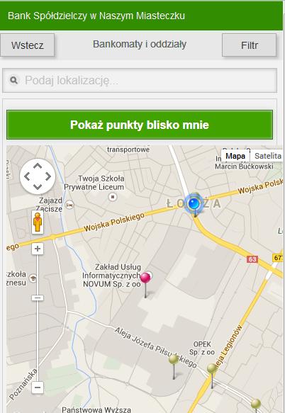 Geolokalizacja, punkty i bankomaty Przycisk Filtr w prawym górnym rogu ekranu przekieruje Cię do okna Bankomaty i oddziały.
