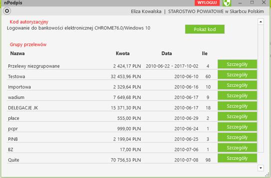 W aplikacji npodpis okno z wygenerowanym kodem autoryzacyjnym do logowania wygląda jn: Autoryzacja Token Vasco Korzystając z Tokenu Vasco do autoryzacji, podczas logowania do systemu Internet Banking