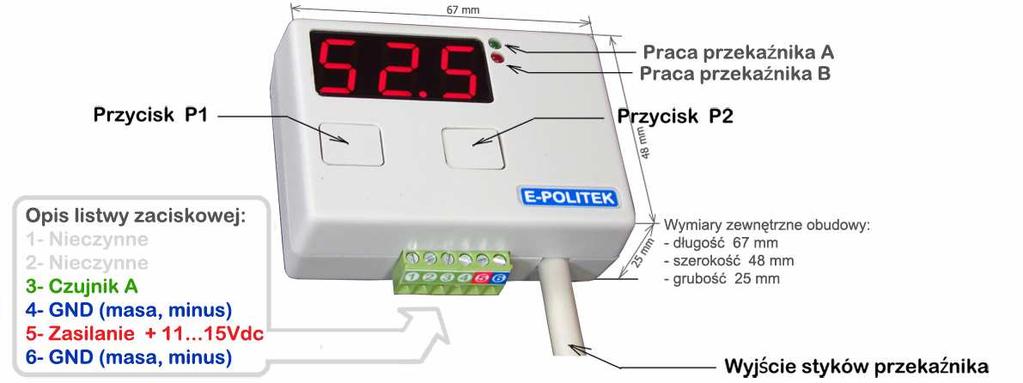 Wygląd zewnętrzny wraz z opisem Podstawowy schemat podłączenia termostatu do odbiornika Schemat podłączenia sterownika z dodatkowym przekaźnikiem elektromagnetycznym.