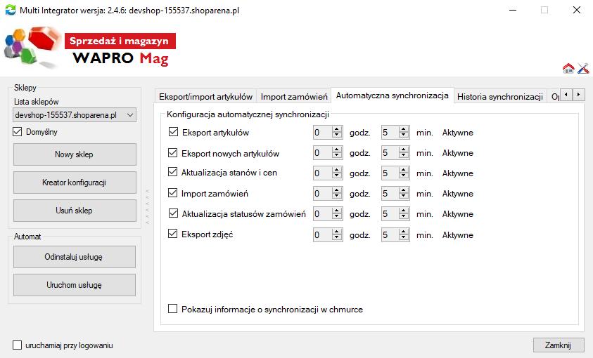 W zakładce automatyczna synchronizacja ustalamy czas co ile mają się uruchamiać procesy odpowiedzialne za eksport