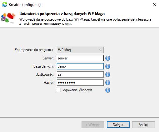Przy pierwszym uruchomieniu programu, w oknie, które się pojawi wprowadzamy dane dostępowe do bazy WAPRO-Maga.