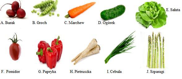 a. Przyporządkuj podanym nazwom organów symbole literowe (A-J) jadalnych części przedstawionych roślin. Uwaga! Należy wpisać wszystkie litery, ale każdą tylko jeden raz. Korzeń... Pęd... Owoc... Liście.