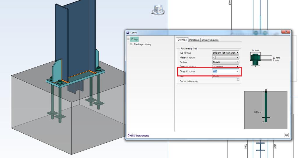 Podstawa słupa - możliwość wprowadzenia długości kotwy Począwszy od wersji 2020, długość kotew