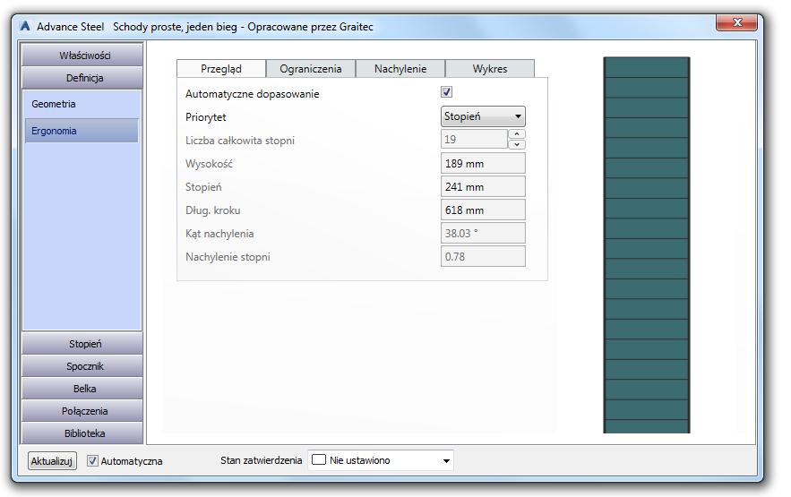 "Automatyczne dopasowanie" to metoda obliczania optymalnego zestawu parametrów (wysokość stopnia, długość kroku, liczba stopni), zgodnie z ustawionym wcześniej priorytetem (dł.