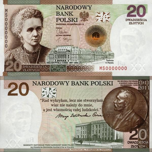 - Maria Skłodowska-Curie na banknocie 20 zł z 2011 roku - Maria Skłodowska-Curie na banknocie 500 franków z