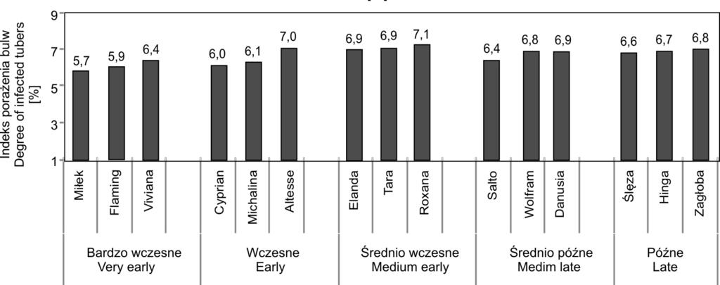 4. Odmiany o najwyższym nasileniu występowania sklerocjów najniższym indeksie porażenia bulw [9 ] Fig. 4.