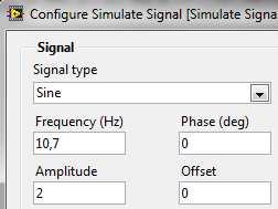 f. Zmień parametry bloczku Simulate Signal tak, aby generował on sygnał sinusoidalny o częstotliwości 10.
