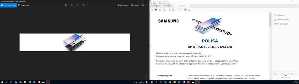 Ubezpieczenie Samsung Care+ Note10 OCHRONA UBEZPIECZENIA Ochrona na 24 miesiące od ryzyka uszkodzenia wyświetlacza w wyniku nieszczęśliwego wypadku DEFINICJE Nieszczęśliwy wypadek nagłe, losowe i